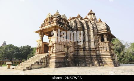 CHITRAGUPTA TEMPLE, Fa√ßade, North East View, Western Group, Khajuraho, Madhya Pradesh, India, UNESCO World Heritage Site.  Dedicated to SURYA, the Su Stock Photo