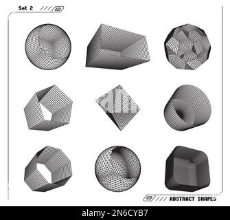 Set of abstract 3d wireframe shapes or elements with open edges. Scientific and geometric abstraction with deformed shapes. Stock Vector