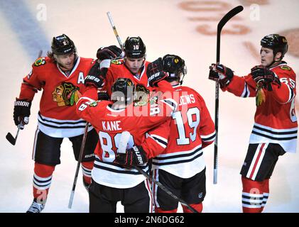 Chicago Blackhawks' Patrick Kane (L) and Jonathan Toews celebrate