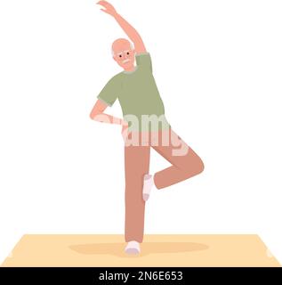 Senior man warming up before yoga activity on mat semi flat color vector character Stock Vector