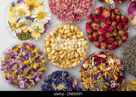Colorful pressed dried edible flowers for cake decoration Stock
