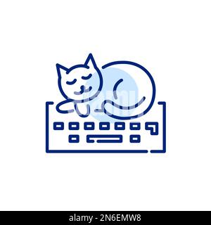 Working from home. Freelance cozy routine. Cat lying on the keyboard. Pixel perfect, editable stroke line icon Stock Vector