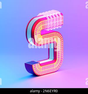 3D illustration, Number 5 five  over c neon lights on pink background. Cartoon creative design icon Stock Photo