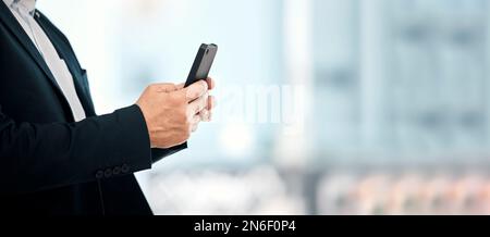 Businessman, phone and hands typing in communication, social media or chatting for corporate idea on mockup. Hand of male manager or CEO texting on Stock Photo