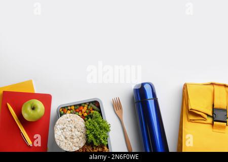 Composition with thermos on white background, top view Stock Photo