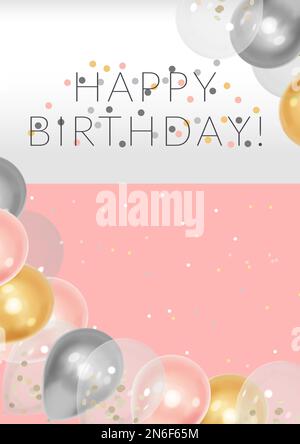 Happy birthday postcard design with realistic silver, pink, golden balloons and balloons with filling Stock Vector