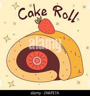 Traditional Japanese food. Asian cake roll with strawberry. Vector illistration Stock Vector