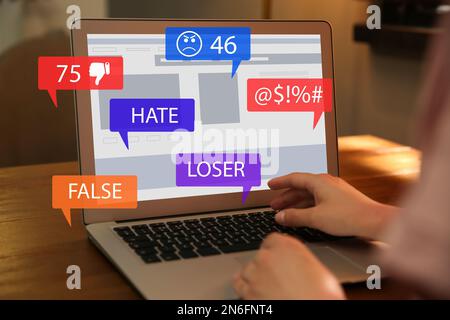 Woman using laptop and icons with offensive messages, closeup. Cyber ...