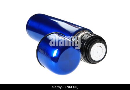 Blue metal thermos with lid isolated on white Stock Photo