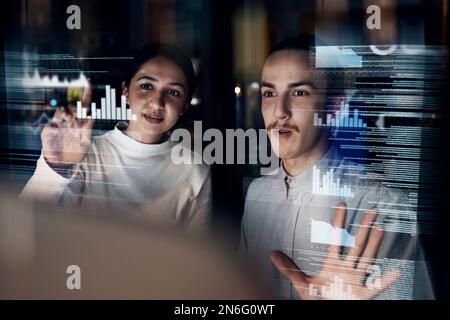 Teamwork, cyber security and programmer with business people at night for augmented reality, developer and 3d hologram. Software, data and future with Stock Photo
