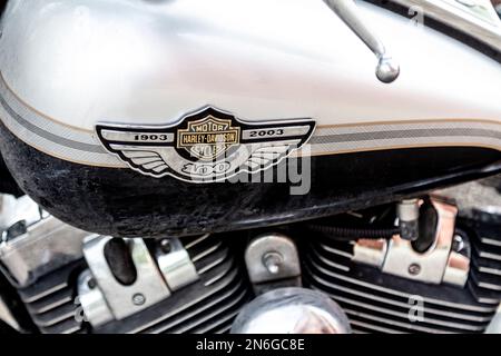 Tank and logo of a Harley-Davidson Road King Classic 100 Anniversary Stock Photo