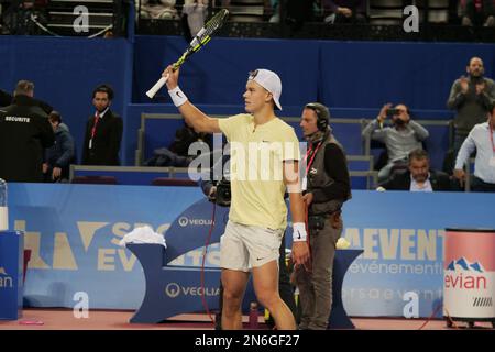 Montpellier, France - 09/02/2023, Holger Rune (DEN) in action against Marc-Andrea Huesler (SUI) during the Open Sud de France 2023, ATP 250 tennis tournament on February 9, 2023 at Sud de France Arena in Pérols near Montpellier, France - Photo Patrick Cannaux / DPPI Stock Photo