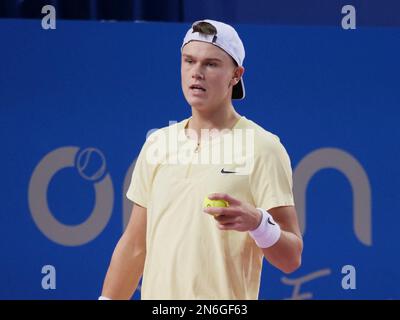 Montpellier, France - 09/02/2023, Holger Rune (DEN) in action against Marc-Andrea Huesler (SUI) during the Open Sud de France 2023, ATP 250 tennis tournament on February 9, 2023 at Sud de France Arena in Pérols near Montpellier, France - Photo Patrick Cannaux / DPPI Stock Photo