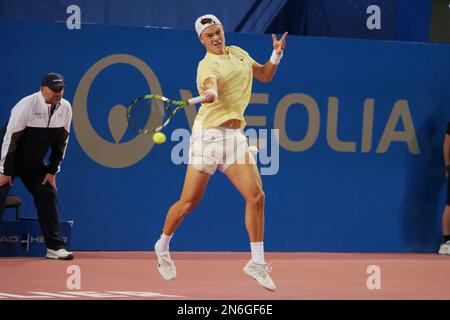 Montpellier, France - 09/02/2023, Holger Rune (DEN) in action against Marc-Andrea Huesler (SUI) during the Open Sud de France 2023, ATP 250 tennis tournament on February 9, 2023 at Sud de France Arena in Pérols near Montpellier, France - Photo Patrick Cannaux / DPPI Stock Photo