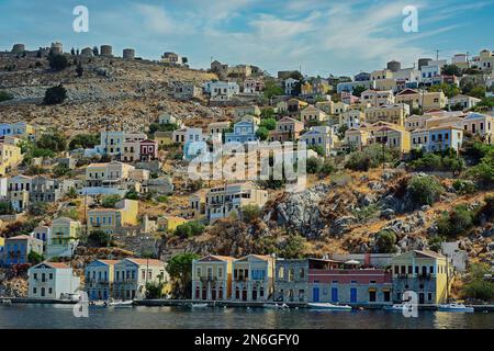 View of the hillside of Symi, Symi Island, Greece Stock Photo
