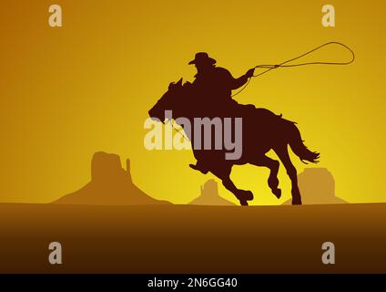 Rodeo competition tournament, sunset background. Vector poster cowboy and lasso on the horse in grand canyon in silhouette Stock Vector