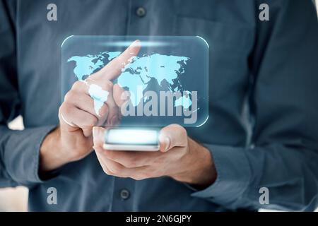 Hands, phone and digital hologram for global communication, networking or virtual world map. Hand of person holding mobile smartphone with 3D display Stock Photo