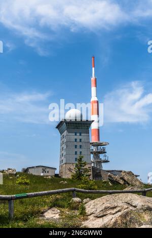 Weather station on the Brocken mountain in the Harz Mountains in Saxony-Anhalt, Germany. Vertical. Stock Photo