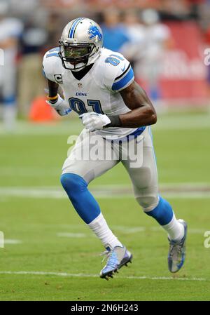 Detroit Lions wide receiver Calvin Johnson (81) celebrates his 33-yard  touchdown with teammate Edwin Mulitalo against the Indianapolis Colts  during the second quarter at Lucas Oil Field in Indianapolis on December 14