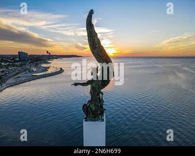 Aerial of the Angel Maya statue, Malecon, Unesco world heritage site the historic fortified town of Campeche, Campeche, Mexico Stock Photo