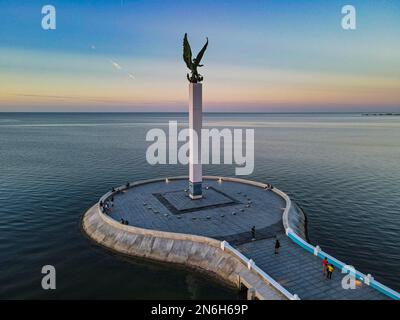 Aerial of the Angel Maya statue, Malecon, Unesco world heritage site the historic fortified town of Campeche, Campeche, Mexico Stock Photo