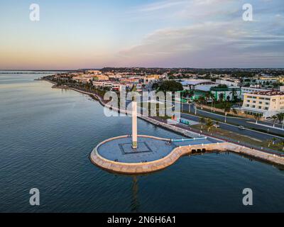 Aerial of the Angel Maya statue, Malecon, Unesco world heritage site the historic fortified town of Campeche, Campeche, Mexico Stock Photo