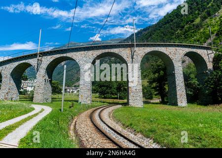 Brusio spiral viaduct, Unesco world heritage site Rhaetian Railway, Switzerland Stock Photo
