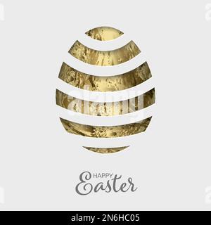 Vector cut Paper card / poster with striped easter golden egg - papercut effect. Simple minimalistic temlate layout for Happy Easter with place for yo Stock Vector