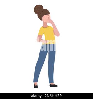 Young cute girl in casual clothes stands full growth. Brunette woman portrait character standing thoughtful pose holding chin thinking. Vector flat Stock Vector