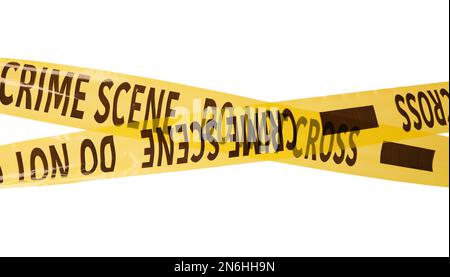 Yellow crime scene tapes isolated on white Stock Photo - Alamy