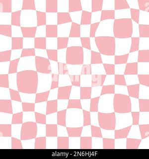 Trippy grid retro distorted chessboard background. Vintage groovy pink abstract geometric pattern for textile. Vector hippie 70s 80s style Stock Vector