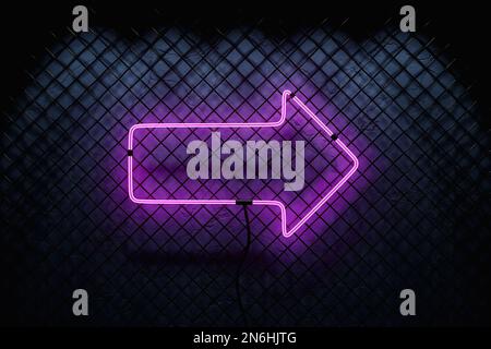 3D illustration of the neon  pink arrow on a mesh wall. Realistic shiny signboard. Glowing arrows icon. Colored neon banner. Stock Photo