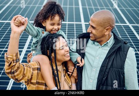 Black family, children or solar panel with a mother, father and daughter on a farm together for sustainability. Kids, love or electricity with man Stock Photo