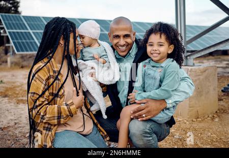 Black family, kids or renewable energy with parents and daughter siblings on a farm together for sustainability. Children, love or solar with man and Stock Photo