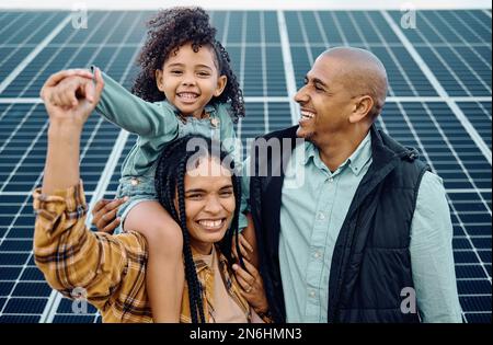 Black family, children or solar energy with a mother, father and daughter on a farm together for sustainability. Kids, love or electricity with a man Stock Photo