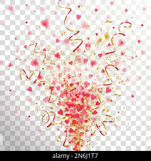 golden confetti explosion with red love hearts on transparent background Stock Vector