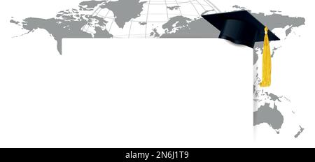 graduate cap with a yellow tassel and diploma on the background of the world map Stock Vector