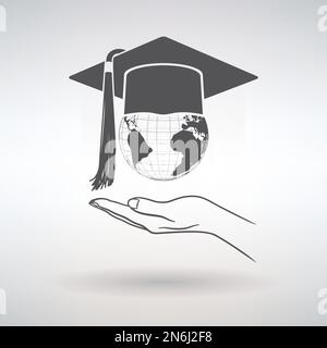 icon open hand with graduate cap on globe on light background Stock Vector
