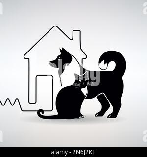 dog and cat against the background of the silhouette of the house on a light background Stock Vector