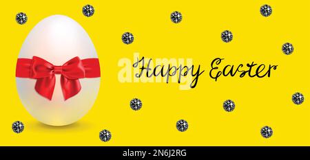 horizontal banner with an Easter egg and sparkling sequins on a yellow background Stock Vector