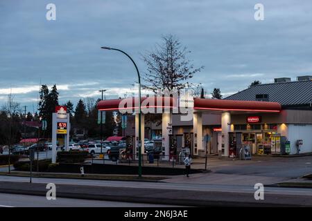 Vancouver, CANADA - Jan 1 2023 : Gas station of Petro-Canada. Petro-Canada is a retail and wholesale marketing brand subsidiary of Suncor Energy Stock Photo