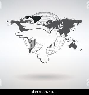 the dove of peace on the background of the world map carries an olive branch Stock Vector