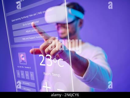 Future, overlay or man typing in metaverse on purple background searching, cyber or scifi on digital overlay. Ux screen, virtual reality user or happy Stock Photo