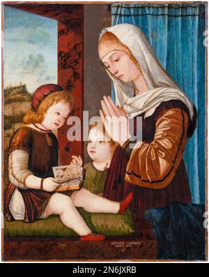 Madonna and Child, with the, infant St John, painting in mixed media on wood, transferred to silk and mounted on blockboard by Vittore Carpaccio, circa 1500 Stock Photo