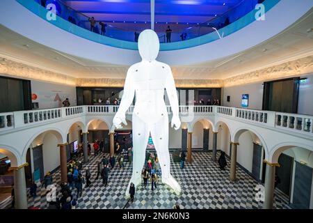 Views of illuminated art installations at 2023 Spectra Festival of Light. Fantastic Planet humanoid by artist Amanda Parer at Aberdeen Art Gallery Stock Photo