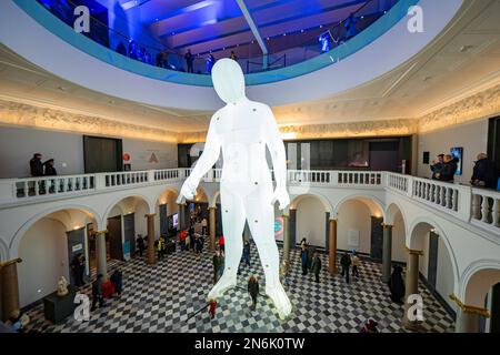 Views of illuminated art installations at 2023 Spectra Festival of Light. Fantastic Planet humanoid by artist Amanda Parer at Aberdeen Art Gallery Stock Photo