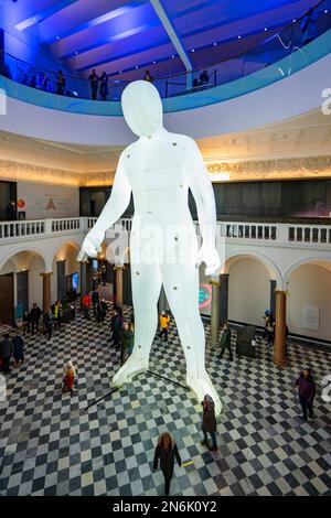 Views of illuminated art installations at 2023 Spectra Festival of Light. Fantastic Planet humanoid by artist Amanda Parer at Aberdeen Art Gallery Stock Photo