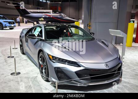 Chicago, USA. 9th Feb, 2023. A Honda Acura NSX vehicle is on display during the media preview of Chicago Auto Show in Chicago, the United States, Feb. 9, 2023. More than 20 manufacturers will attend the show. Credit: Joel Lerner/Xinhua/Alamy Live News Stock Photo