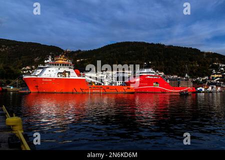 Offshore supply AHTS vessels Normand Sigma and Aurora Saltfjord at Festningskaien quay, Bergen, Norway Stock Photo