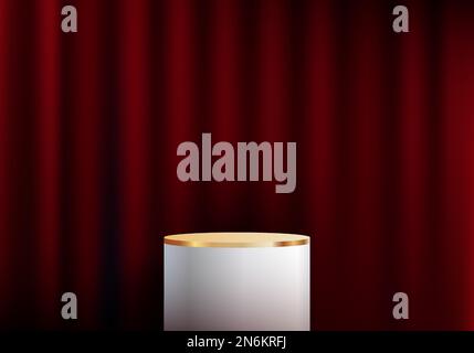 3D realistic luxury style white and golden podium stand with red curtain backdrop. You can use for cosmetic, product display mockup, spa beauty, showr Stock Vector